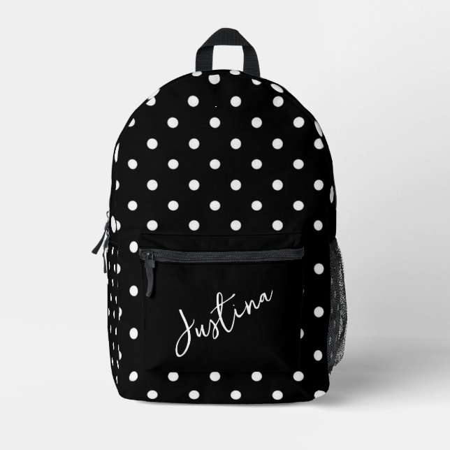 Black with White Polka Dots Personalised  Printed Backpack (Front)