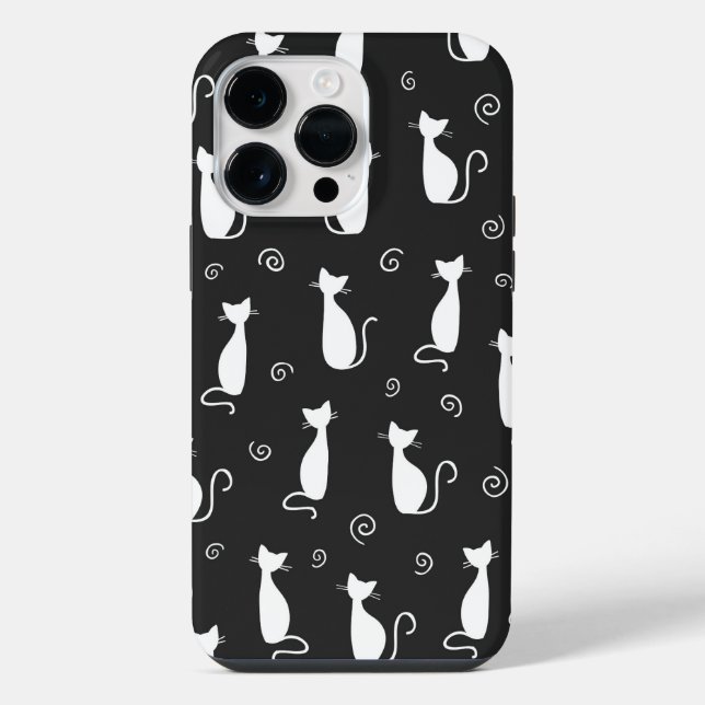 BLACK WITH WHITE SITTING CAT PATTERN iPhone CASE (Back)