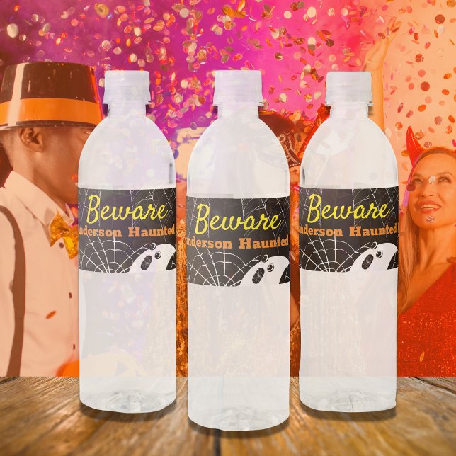 Black with White Spider Webs and cute Modern Ghost Water Bottle Label (Creator Uploaded)