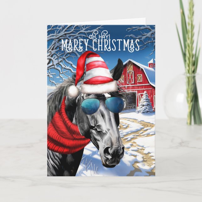 Black with White Star Horse Funny MAREy Christmas Holiday Card (Front)