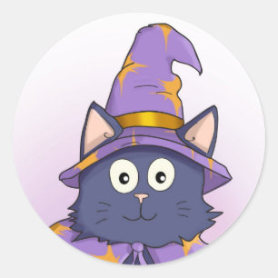 Black Wizard Cat with Purple Hat Classic Round Sticker