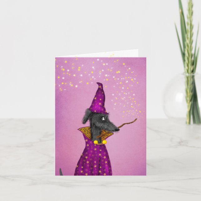 Black wizard dog small Halloween card (Front)