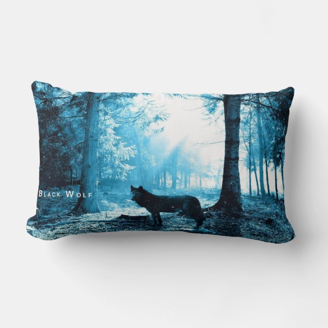Black Wolf Alone in the Forest Lumbar Cushion (Front)