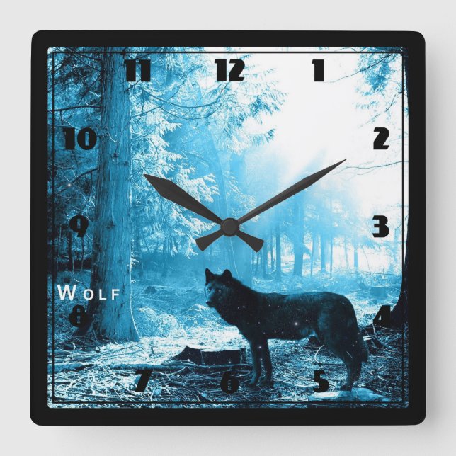 Black Wolf Alone in the Forest Square Wall Clock (Front)