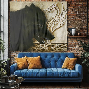 Black Wolf Celtic Dragon Knotwork Fantasy Tapestry