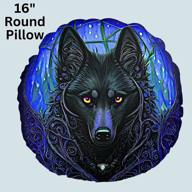 Black Wolf Dog on Blue   Round Cushion (Creator Uploaded)