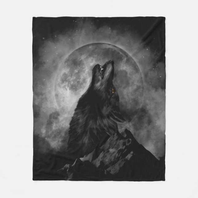 Black Wolf Howling Black & White Fleece Blanket (Front)