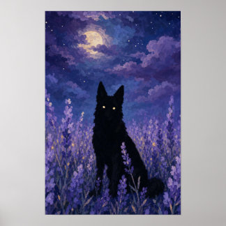 Black Wolf in Lavender Field Poster
