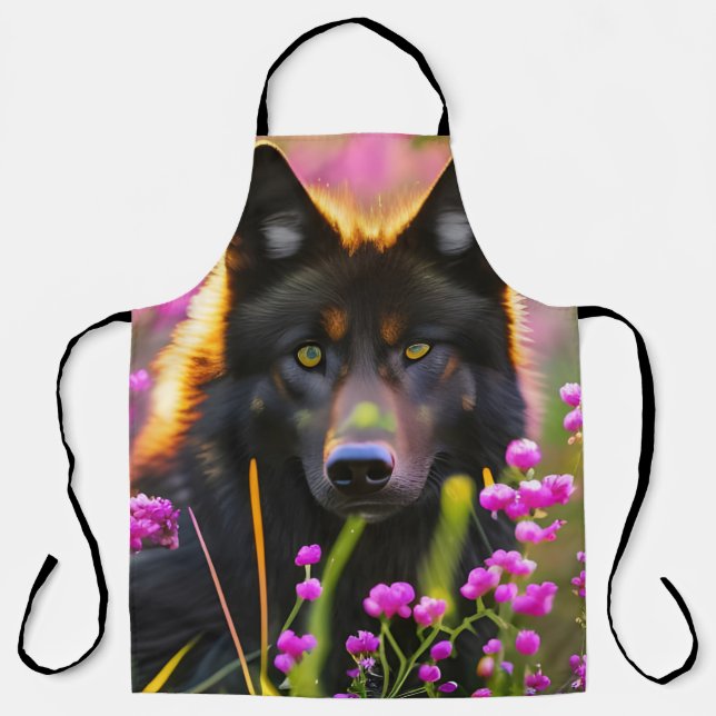 black wolf in pink flowers  apron (Front)