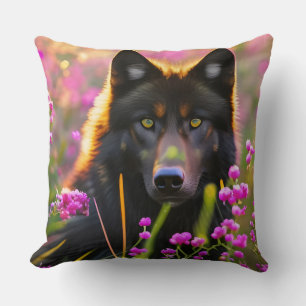 Black wolf  in pink flowers  cushion
