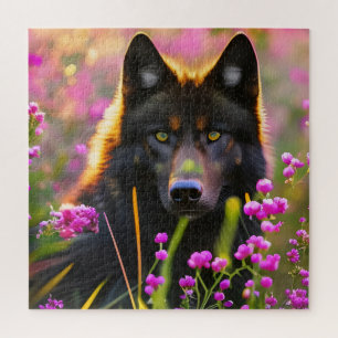 Black wolf in pink flowers jigsaw puzzle
