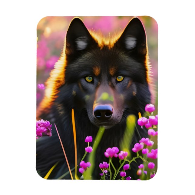 Black wolf  in pink flowers  magnet (Vertical)