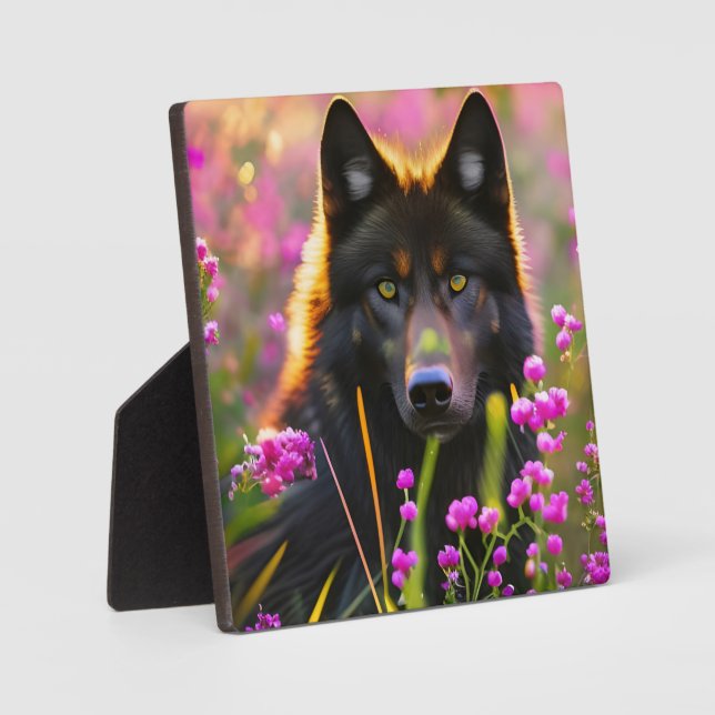 Black wolf  in pink flowers   plaque (Front)