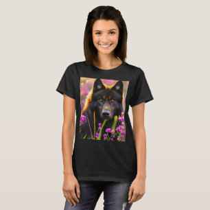 black wolf in pink flowers   T-Shirt