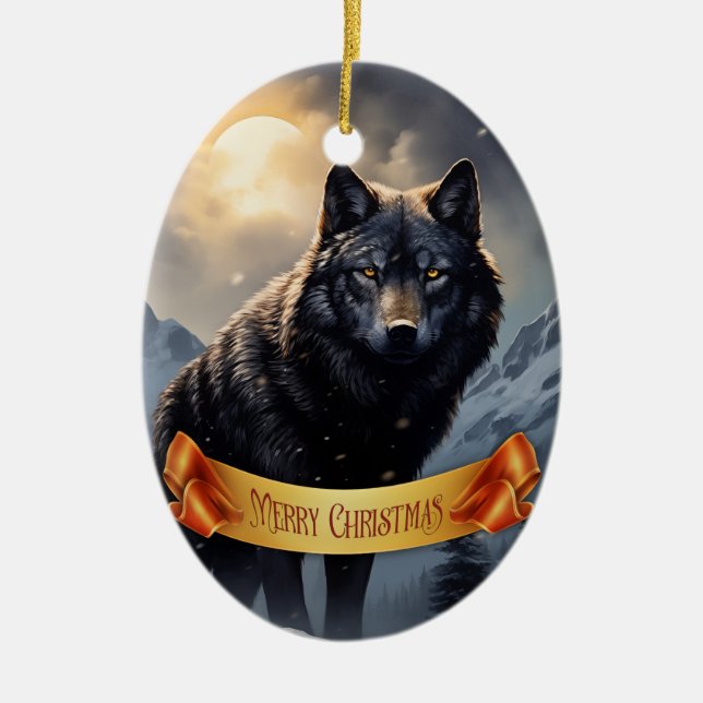 Black Wolf in Snowy Mountains Ceramic Ornament (Front)