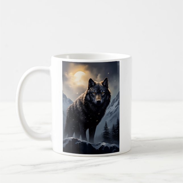 Black Wolf in Snowy Mountains Coffee Mug (Left)