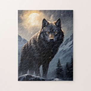 Black Wolf in Snowy Mountains Jigsaw Puzzle