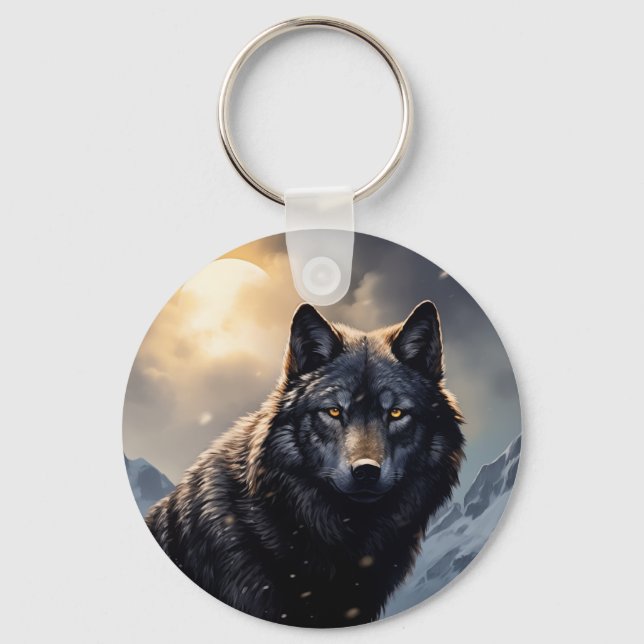 Black Wolf in Snowy Mountains Key Ring (Front)