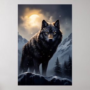 Black Wolf in Snowy Mountains Poster