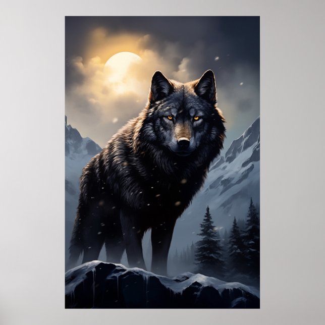 Black Wolf in Snowy Mountains Poster (Front)