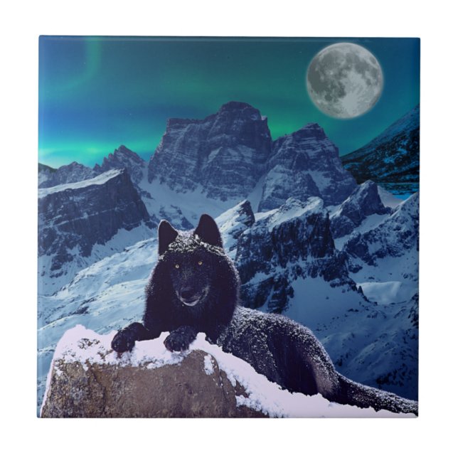 Black Wolf Moon | Gothic Ceramic Tile (Front)