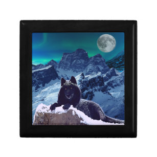 Black Wolf Moon   Wooden Jewellery Keepsake Box