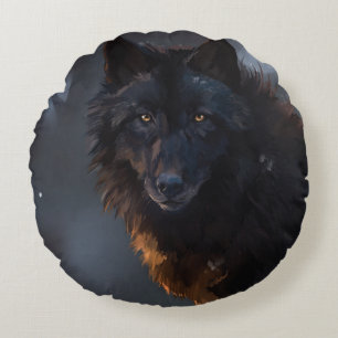 Black wolf round cushion