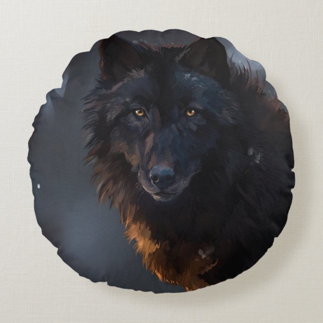 Black wolf round cushion (Front)