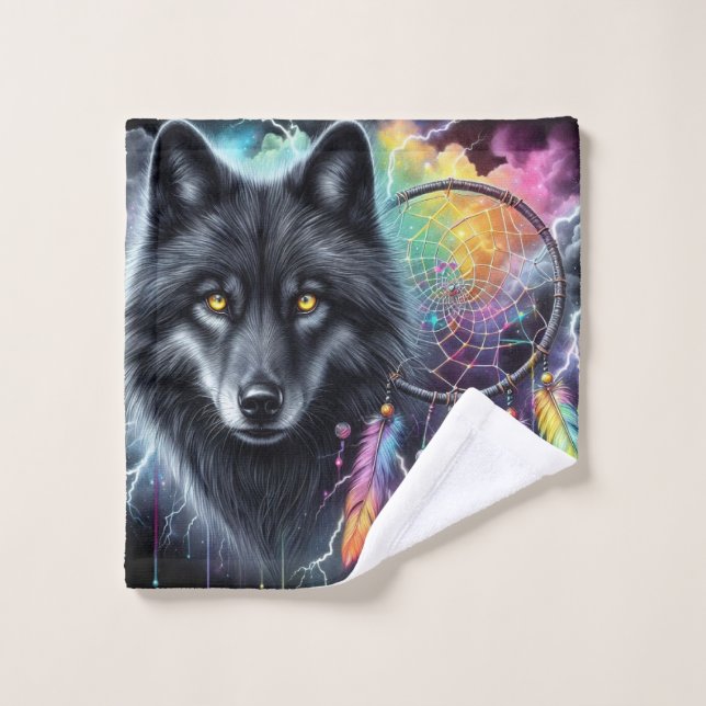 Black Wolf with a Dreamcatcher Bath Towel Set (Wash Cloth)