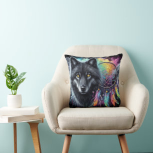 Black Wolf with a Dreamcatcher Cushion
