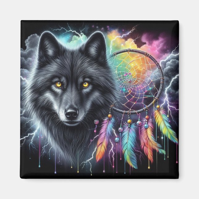 Black Wolf with a Dreamcatcher Magnet (Front)