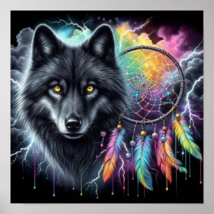 Black Wolf with a Dreamcatcher Poster