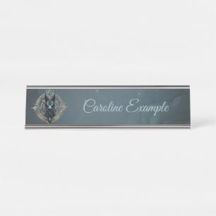 Black wolfs head with piercing blue eyes, desk name plate