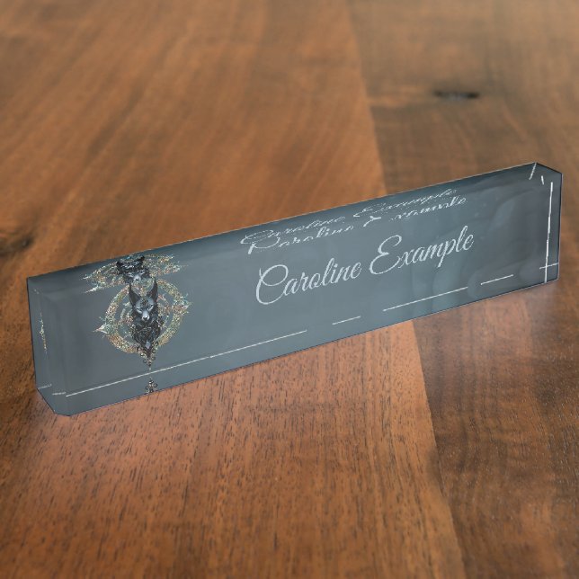 Black wolfs head with piercing blue eyes,  nameplate (Side)