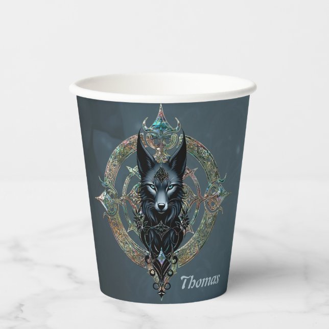 Black wolfs head with piercing blue eyes paper cups (Front)
