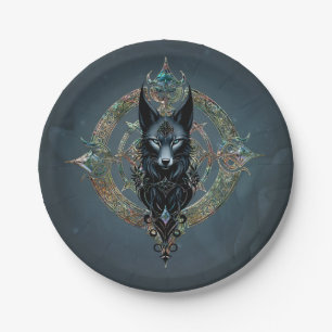 Black wolfs head with piercing blue eyes paper plate