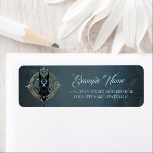 Black wolfs head with piercing blue eyes return address label
