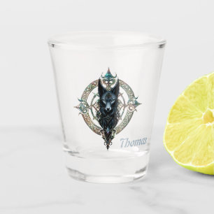 Black wolfs head with piercing blue eyes shot glass