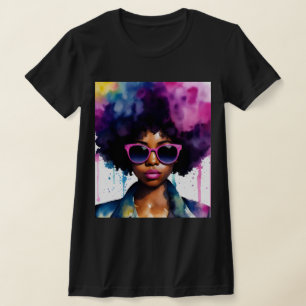Black Woman Afro Hair and Sunglasses Rainbow Art T-Shirt