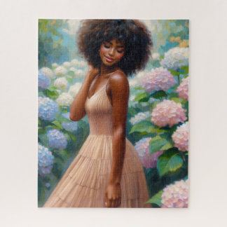 Black Woman Among Hydrangea Flowers Jigsaw Puzzle