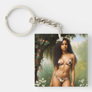 Black Woman Bikini Model Floral Beauty Key Ring