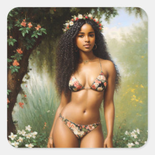 Black Woman Bikini Model Floral Beauty Square Sticker