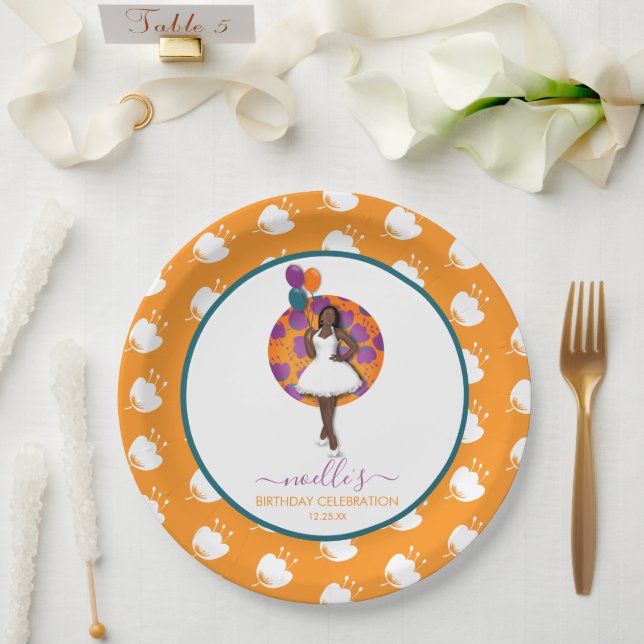 Black Woman, Birthday Balloons & Flowers, Orange Paper Plate (Wedding)