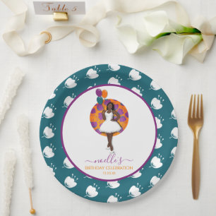 Black Woman, Birthday Balloons & Flowers Teal Paper Plate
