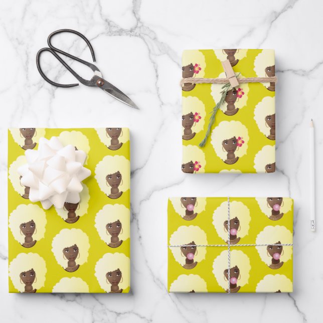 Black Woman, Blonde Afro, Natural Hair, Yellow Wrapping Paper Sheet (Front)