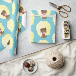 Black Woman, Blonde Afro, Pink Bubblegum, Blue Wrapping Paper