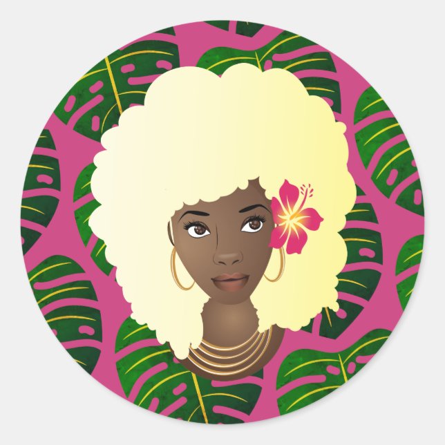 Black Woman, Blonde Afro, Tropical Leaves, Pink Classic Round Sticker (Front)
