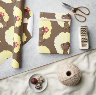 Black Woman, Blonde Afro with Pink Flower, Brown Wrapping Paper