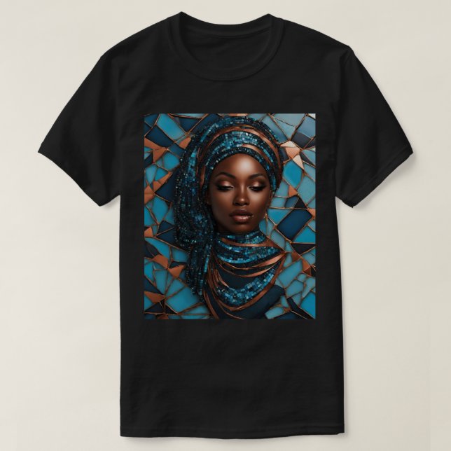 Black Woman Blue Copper Mosaic T-Shirt (Design Front)
