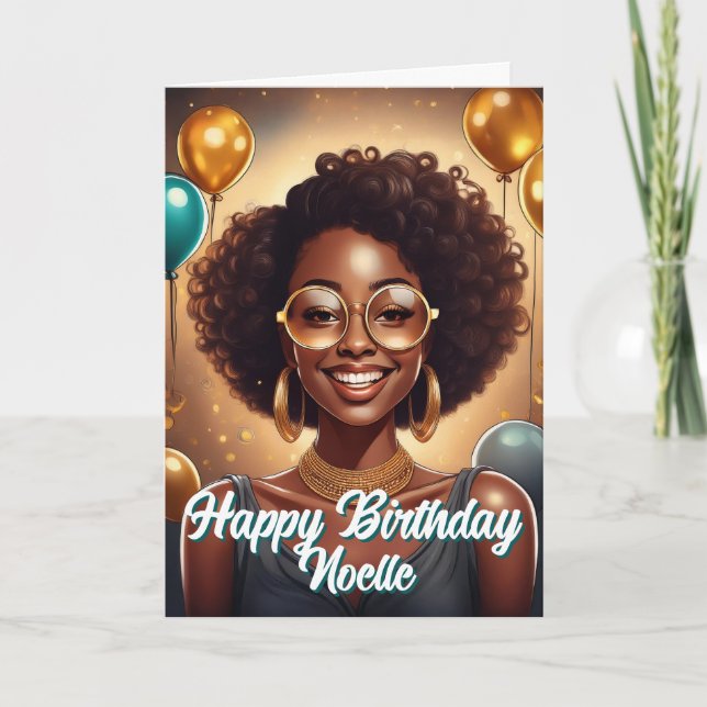 Black Woman Celebrating Birthday Balloons Card (Front)